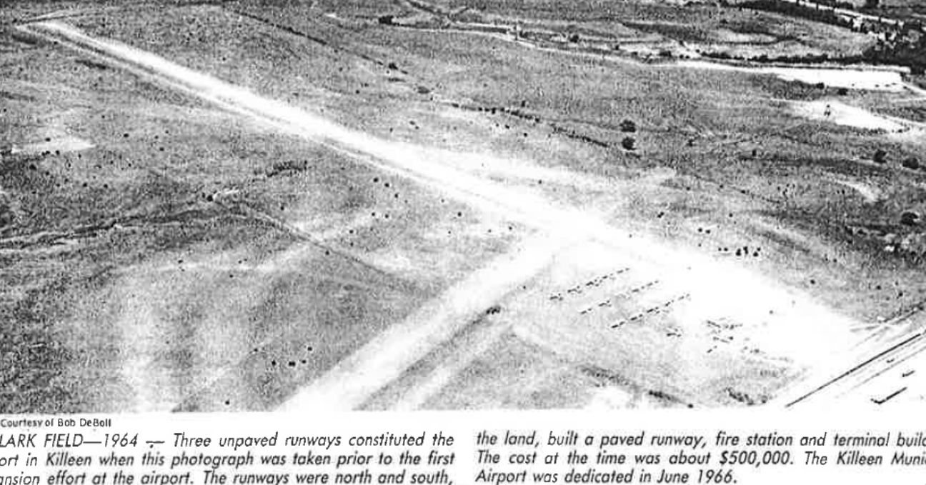 Newspaper clipping from 1963 showing three unpaved runways at Killeen airport.