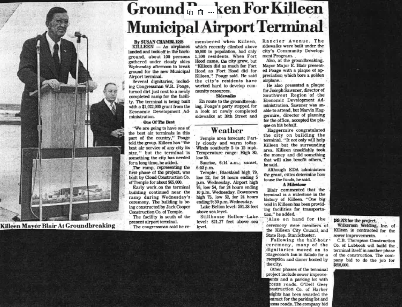 Historic newspaper clipping fro, 1978 with title "Ground Broken for Killeen Municipal Airport Terminal"