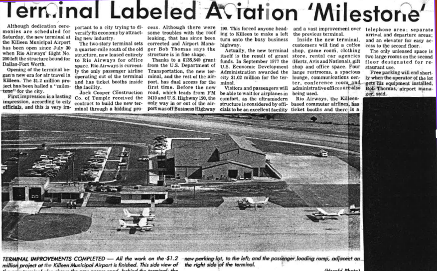 Historic newspaper clipping from 1979 with title "Terminal Labeled Aviation Milestone"