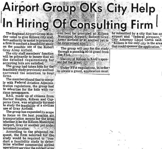 Historic newspaper clipping from 1985 with article titled "Airport Group OKs City Help In Hiring of Consulting Firm"